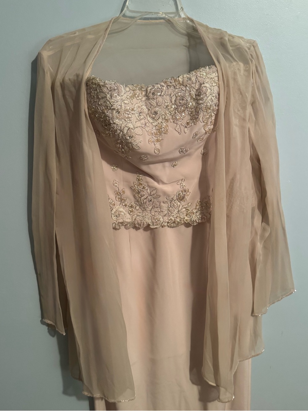 Montage Collection Strapless Crystal Embellished Evening Dress in Blush Pink